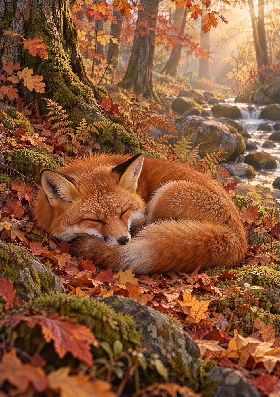 Drukproef van een poster met een slapende vos in een herfstbos